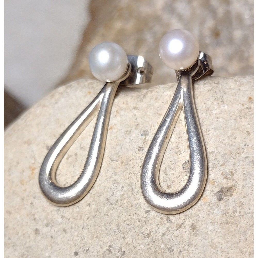 Vintage Cultured Pearl Sterling Silver Hoop Earrings 2 Pair